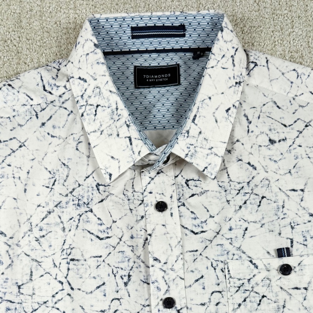 7 Diamonds Mens XL White Blue Timeless Melody 4-Way Stretch Button Up Shirt